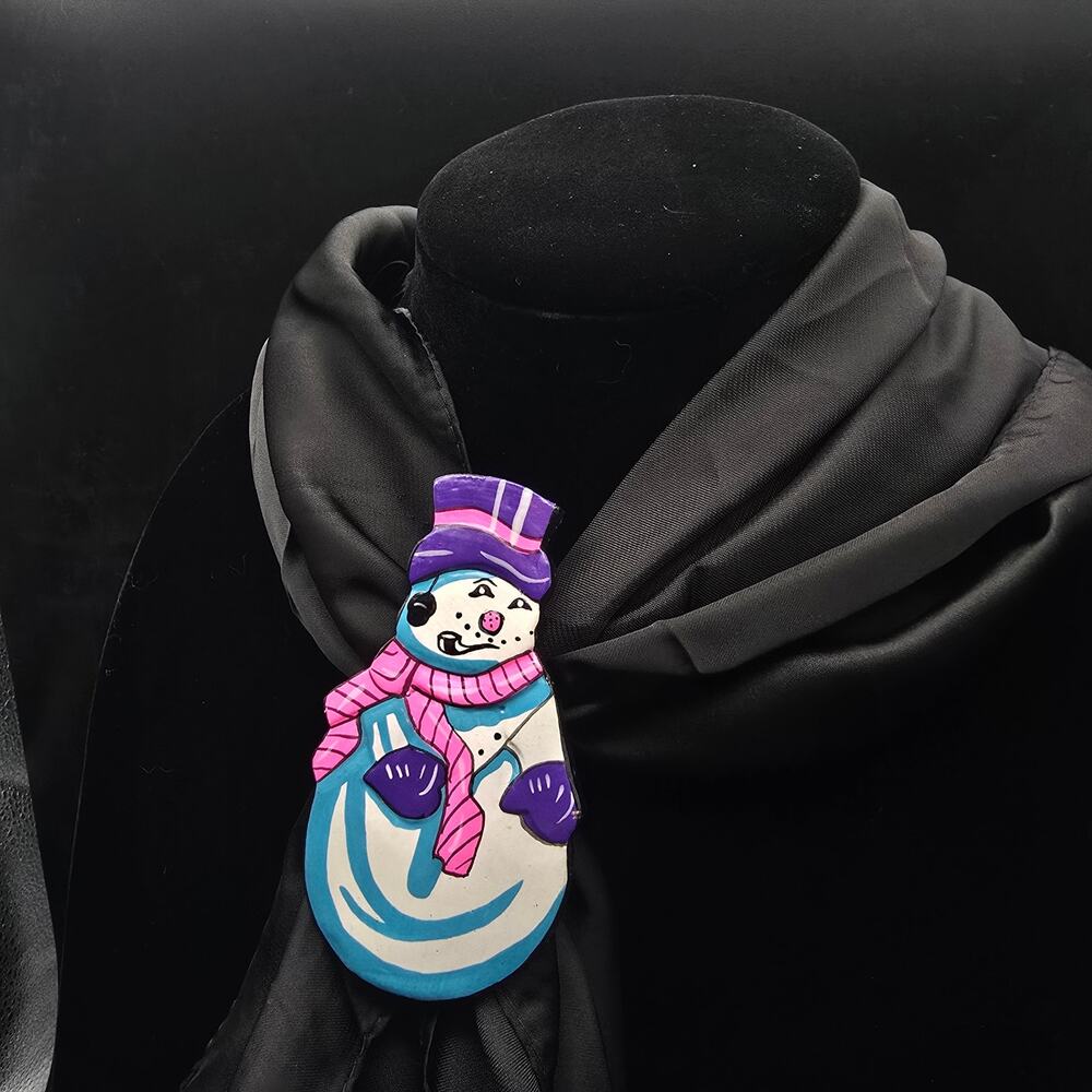 Vintage 1980s Snowman‎ Scarf Clip Slide Tie Ring Pink Blue Purple Christmas